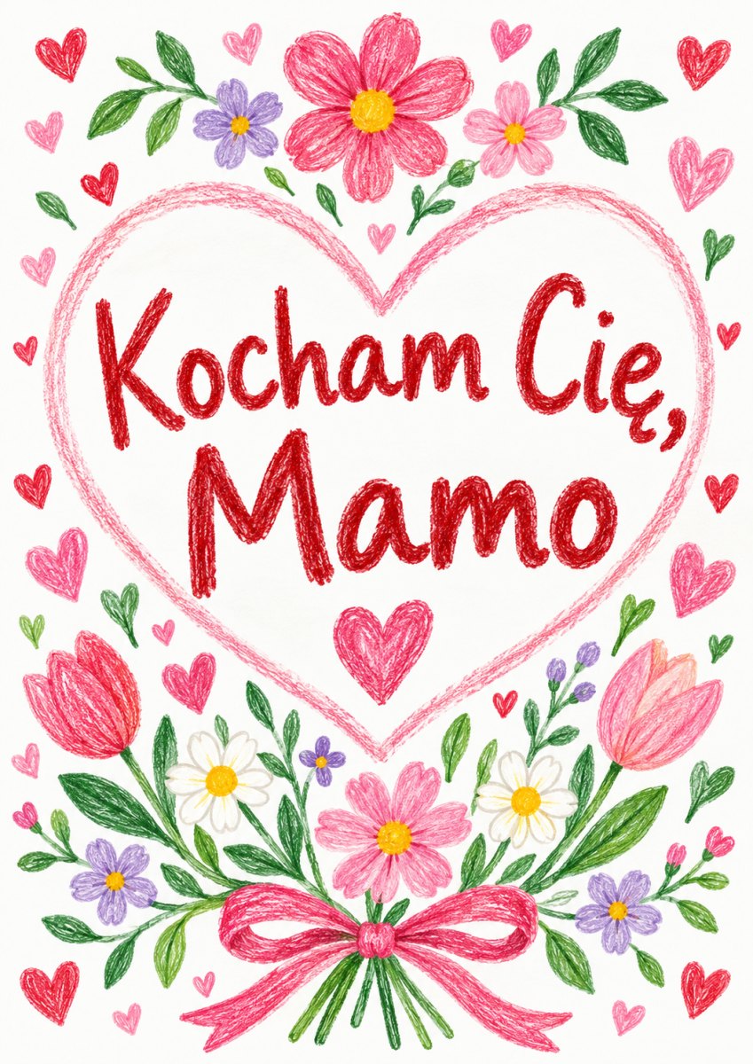 Plakat z napisem Kocham Cię Mamo i dekoracyjnymi kwiatami