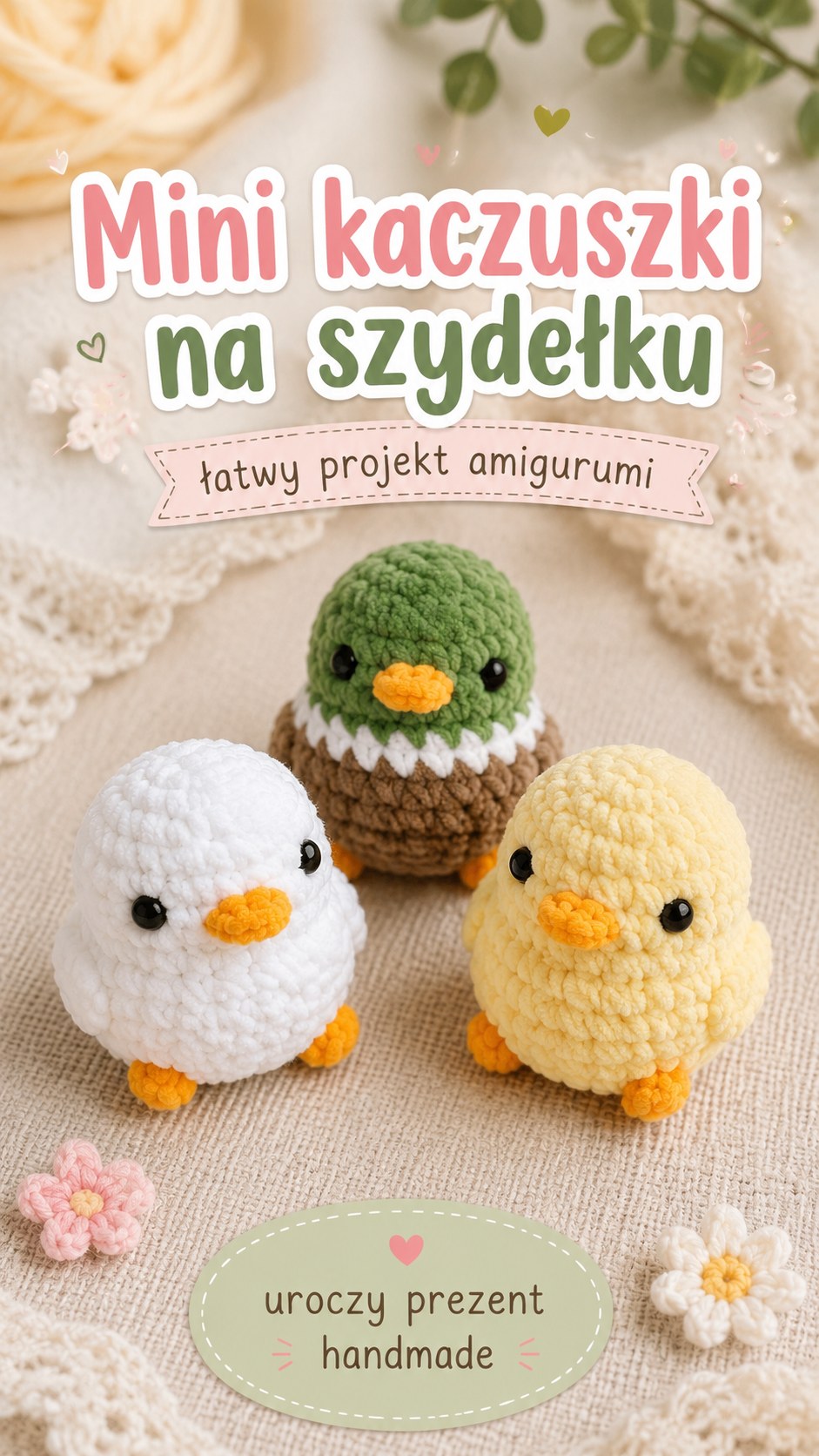 Trzy mini szydełkowe kaczuszki amigurumi w kolorze białym, brązowym i żółtym ułożone na beżowym tle
