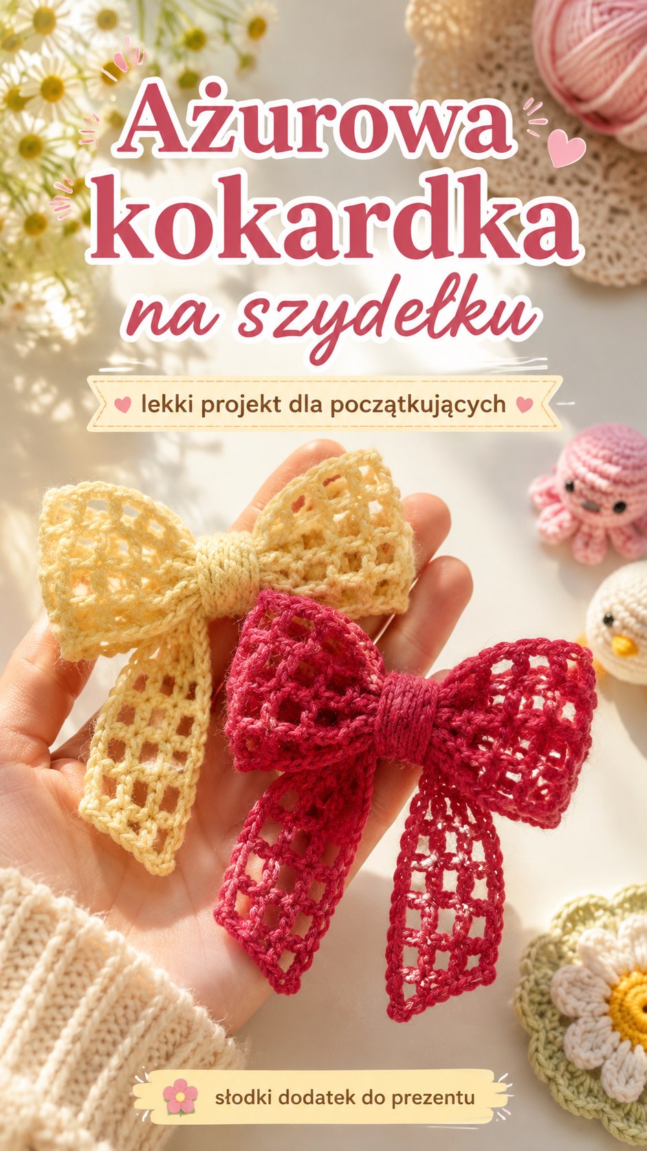 Ażurowe szydełkowe kokardki w kolorze żółtym i czerwonym trzymane w dłoni jako dodatek do prezentu