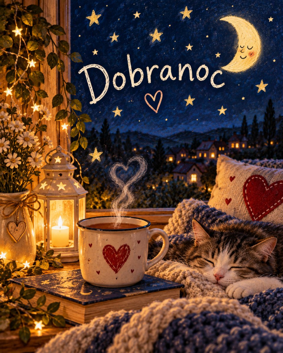 Grafika dobranoc z kubkiem herbaty