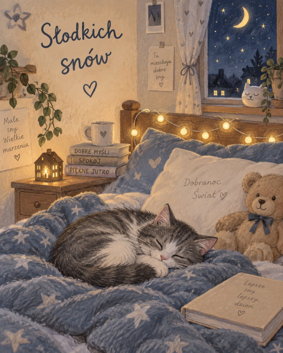Przytulna ilustracja snu z kotkiem