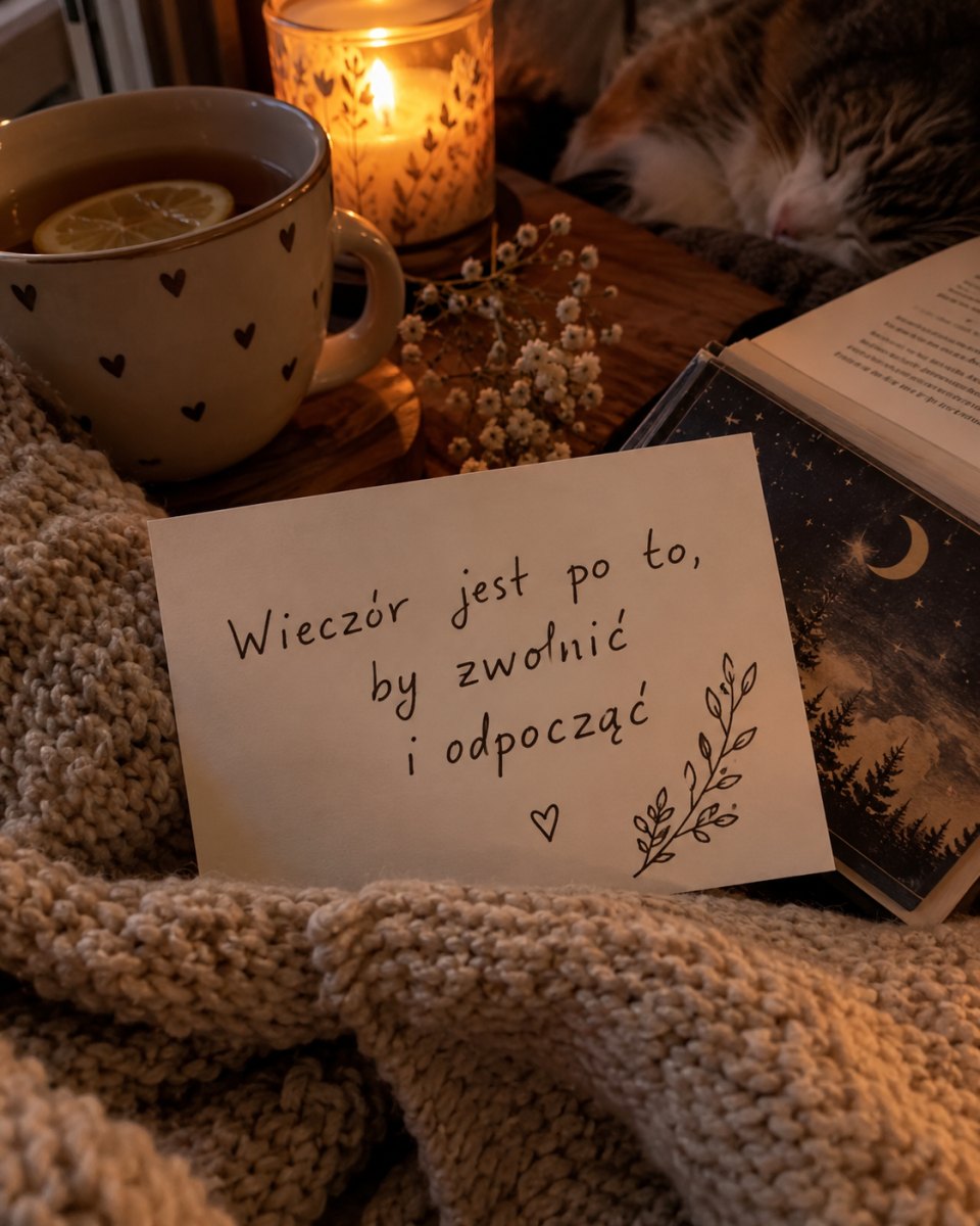 Przytulny cytat na wieczornej kartce