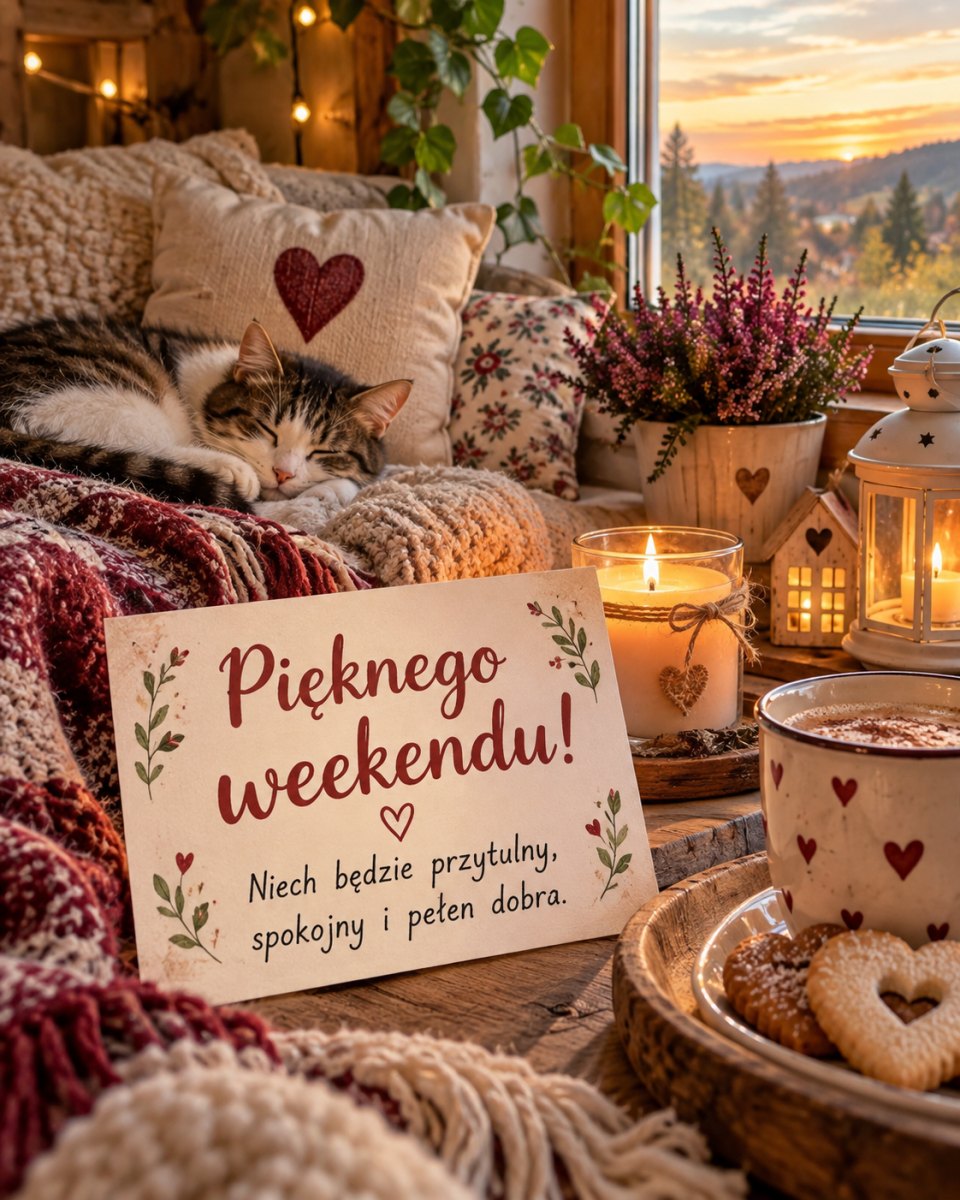 Przytulny obrazek z weekendowym życzeniem