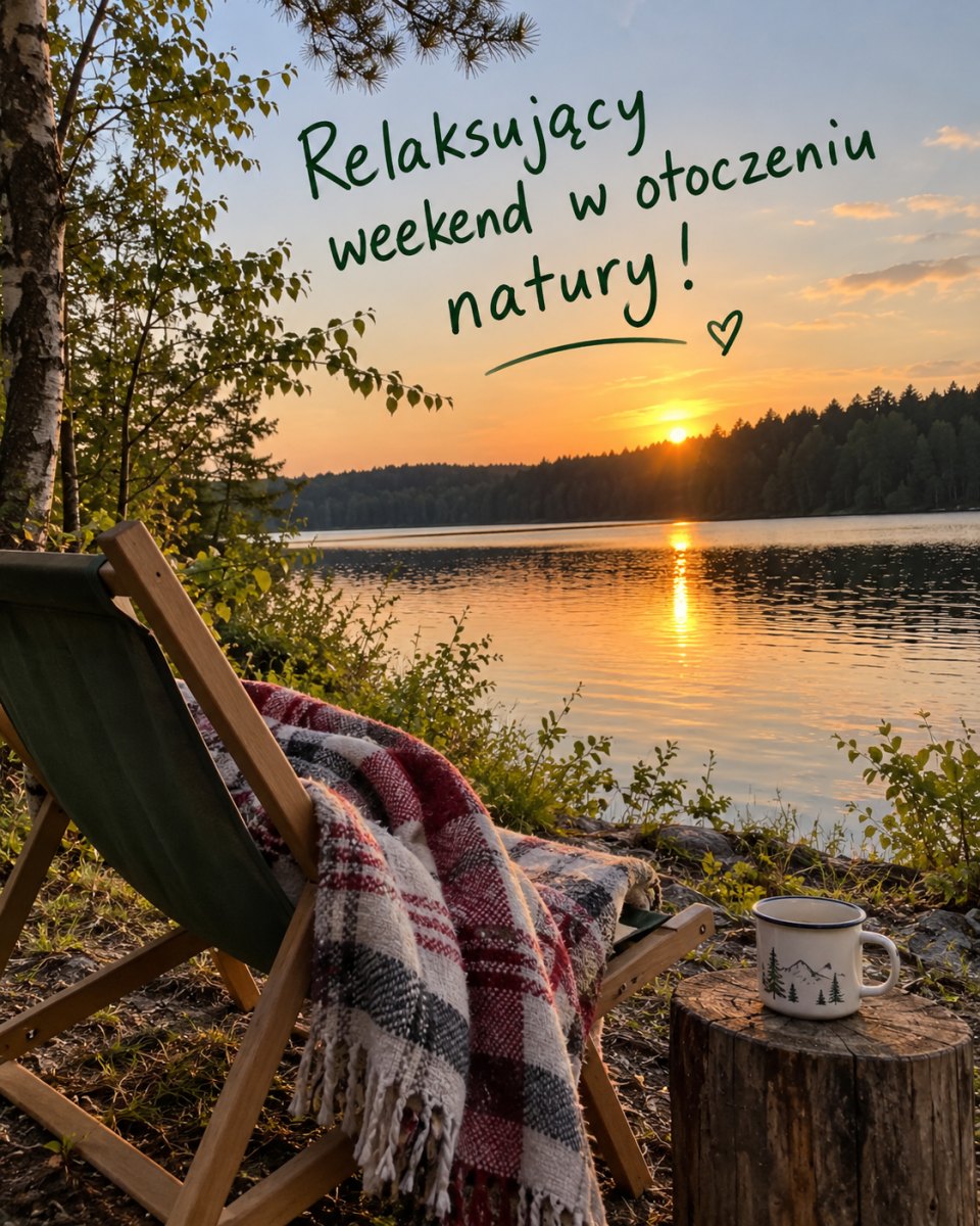 Drewniany leżak nad spokojnym jeziorem o zachodzie słońca