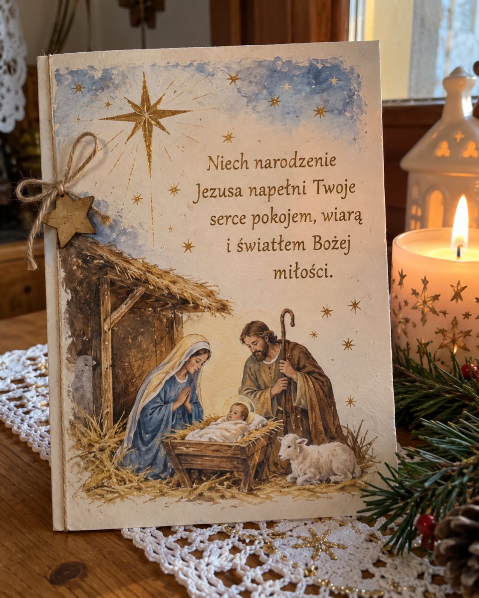 Religijna kartka z motywem szopki