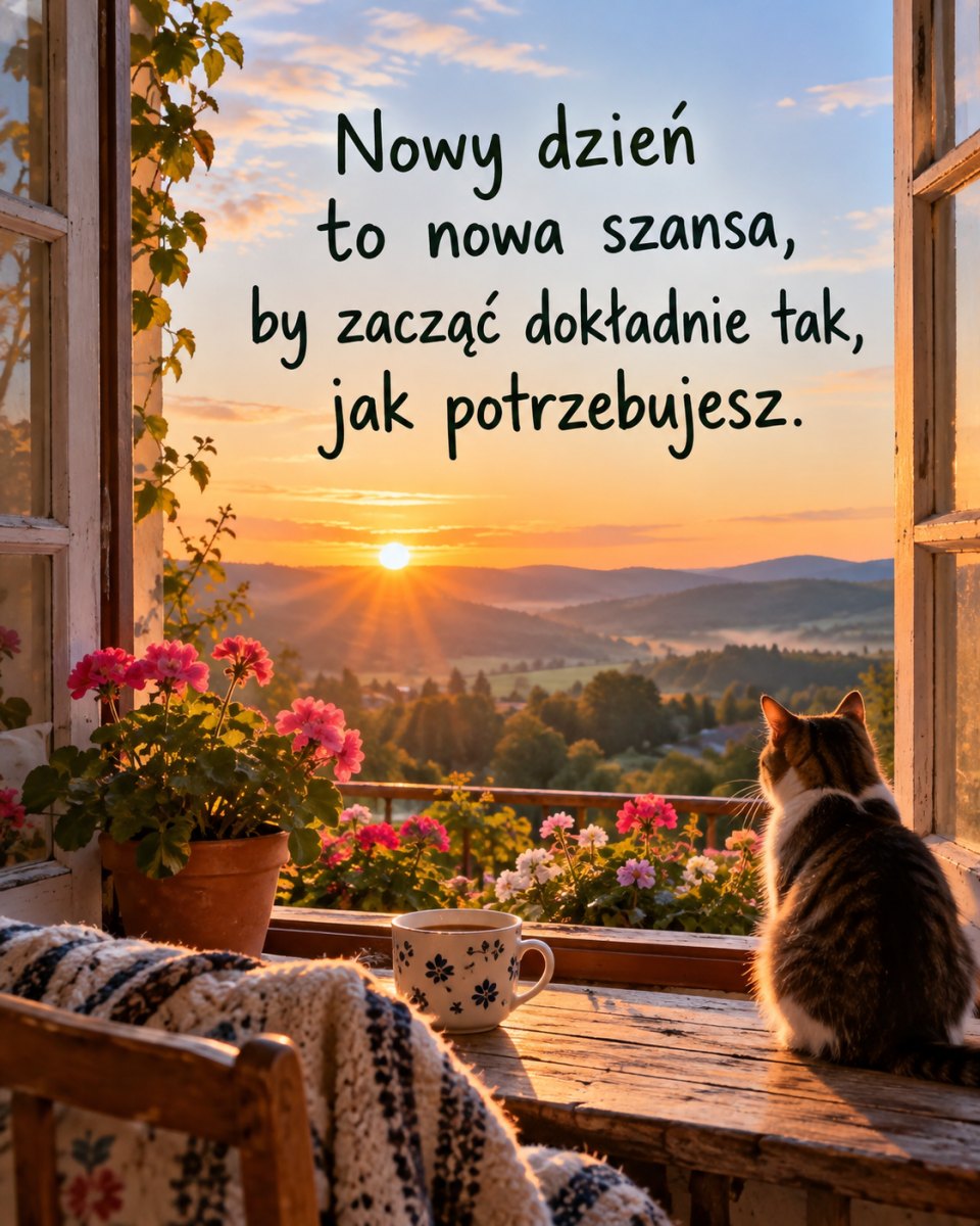 Okno o świcie z motywującym zdaniem