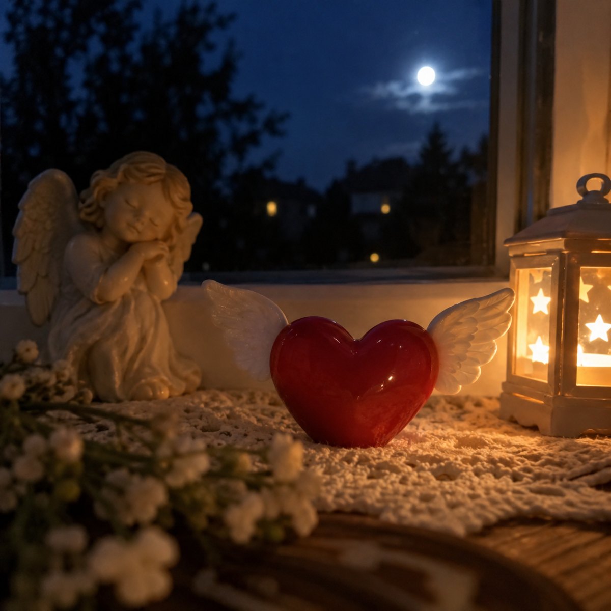 Lampion anioł i serce tworzą Gute Nacht Herz