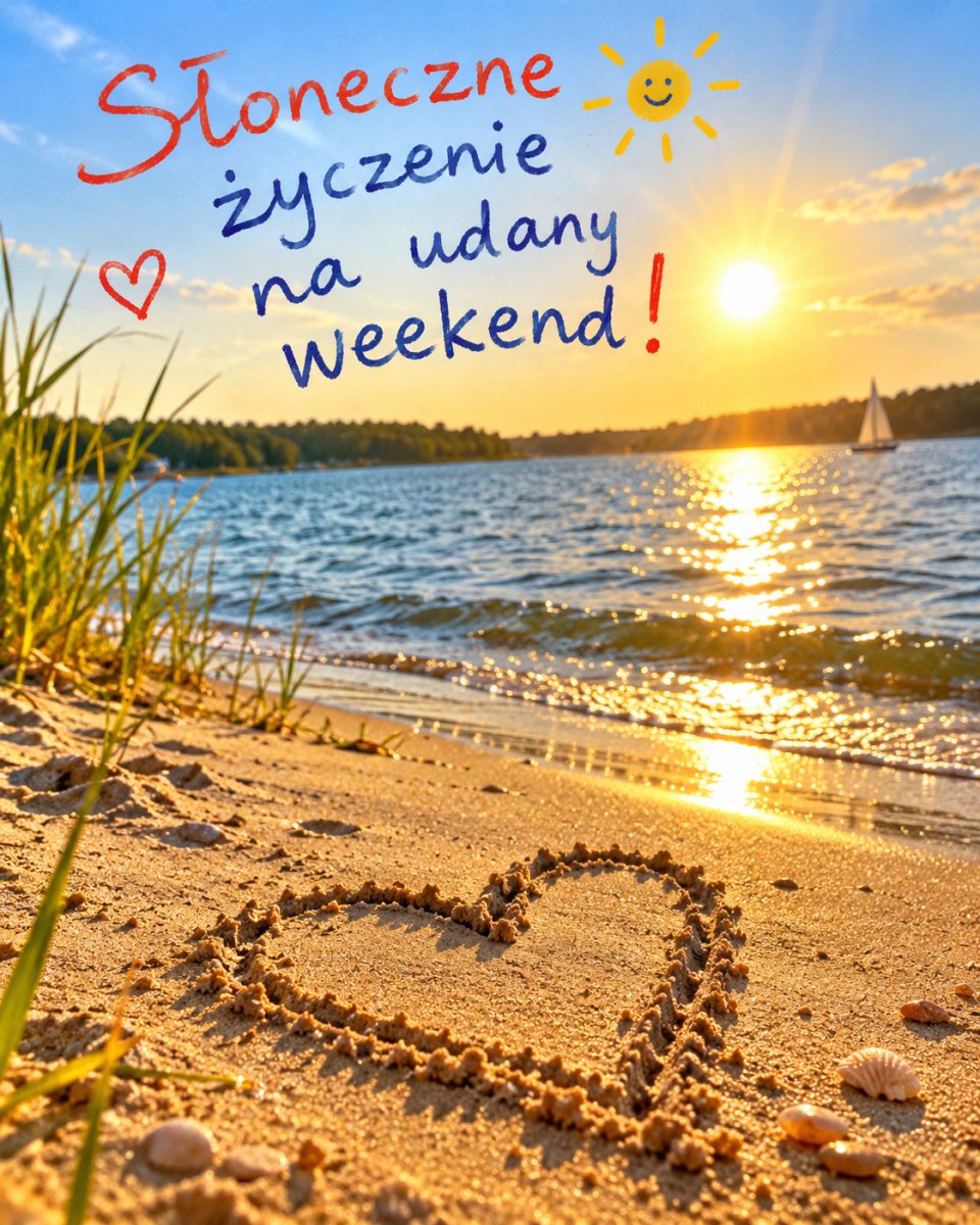 Zachód słońca nad plażą z sercem narysowanym na piasku