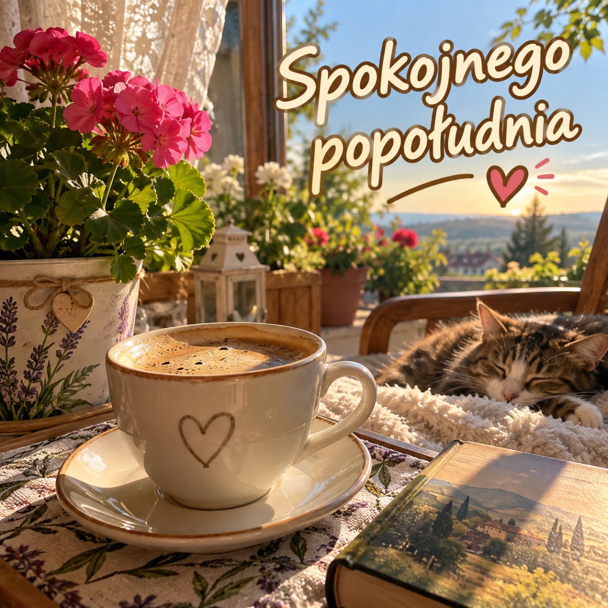 Kawa w słońcu z życzeniem spokojnego popołudnia