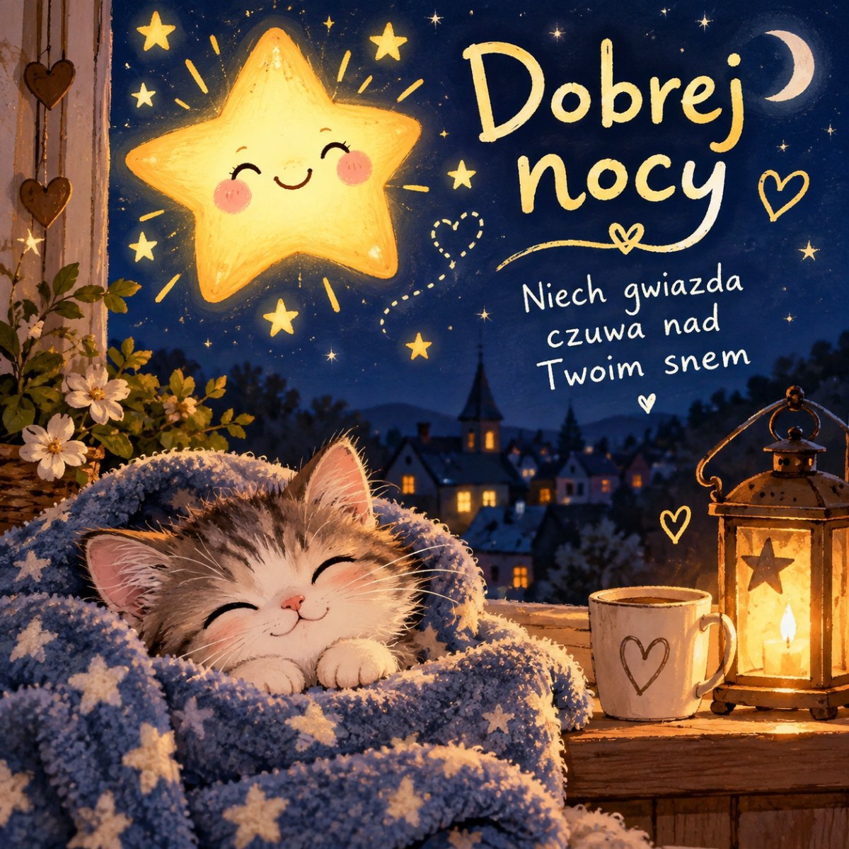 Urocza gwiazda nocą z napisem dobranoc