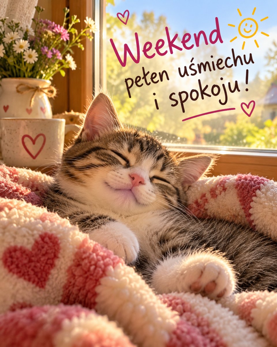 Śpiący kotek na miękkim kocu z życzeniami spokojnego weekendu